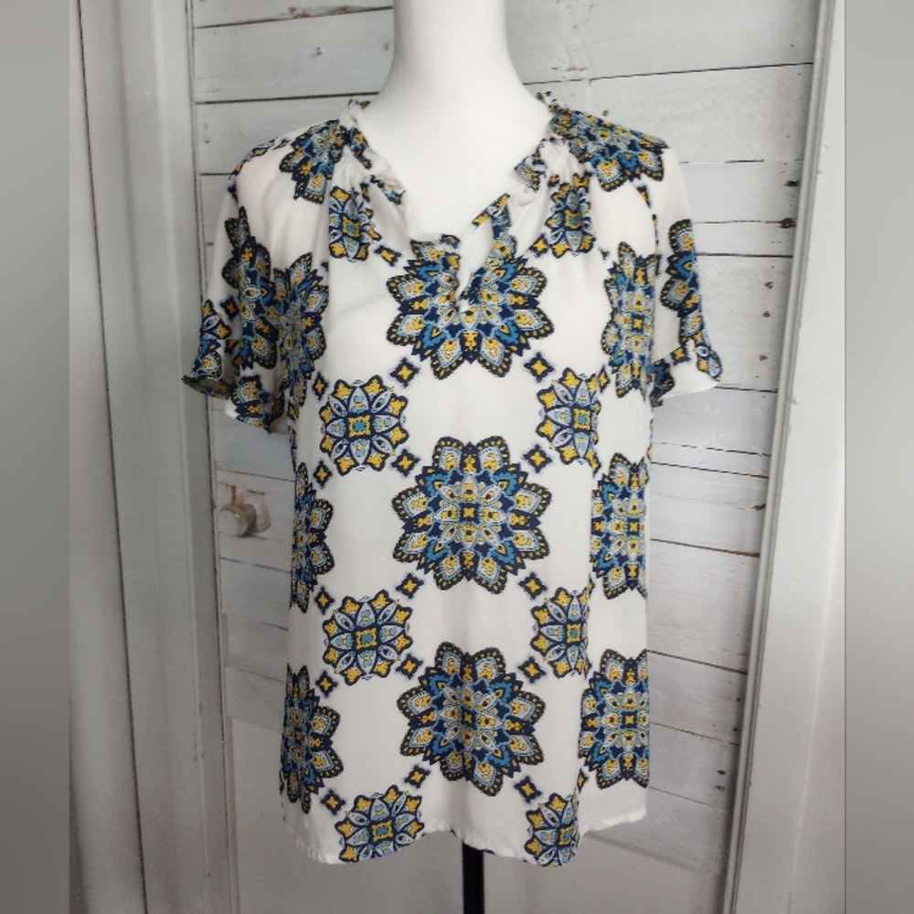 Liz Claiborne Career Blouse Size Small White Blue Yellow Geometric Floral